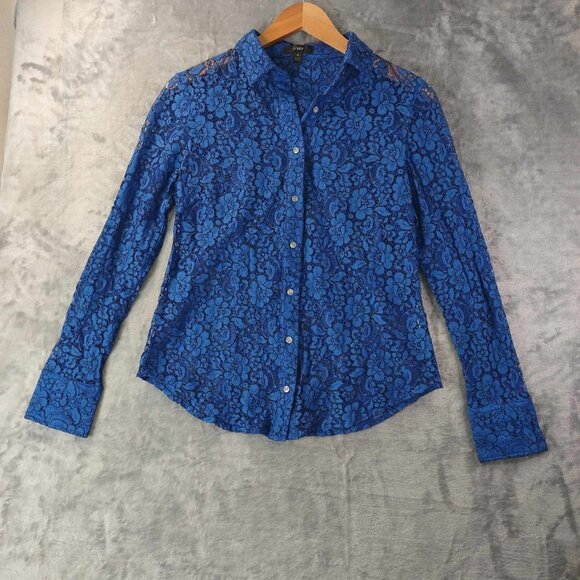 J.Crew Women's 4 Blue Lacy Floral Artsy Abstract Button-Down Long-sleeved Shirt - Picture 1 of 9